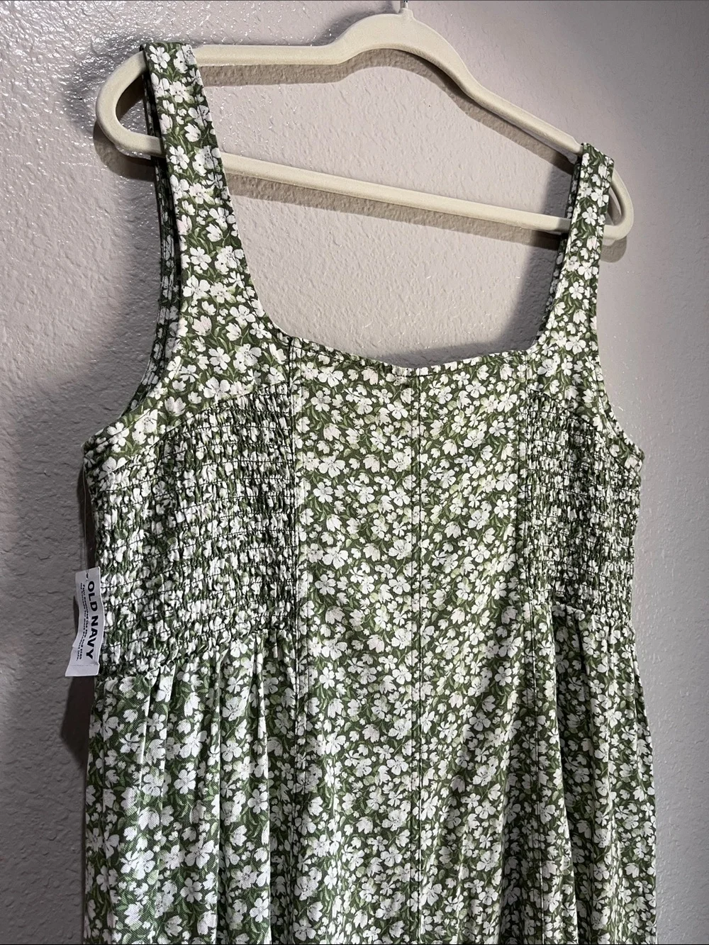 Old Navy Green white Floral Midi Dress Smocked Side Sleeveless Sz XL Boho TC0371